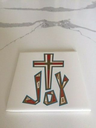 Mid Century Modern Jeweled Cross Hand Painted Decorated Trivet Art Pottery Tile 2