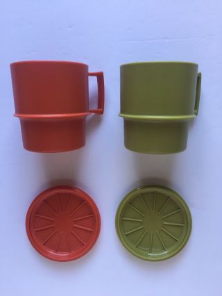 2 Vintage Tupperware Coffee Cup Mug 1312 Orange Green Harvest Lid Coaster