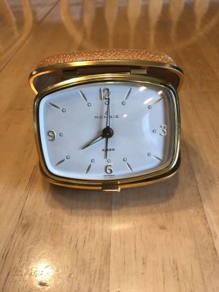 Vintage Rensie Fold Up Alarm Clock Wind Up Travel Brass White Face Glow Square