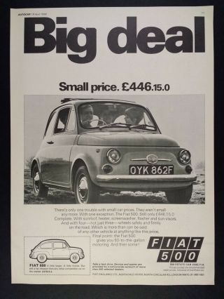 1968 Fiat 500 Photo Vintage Print Ad