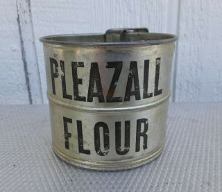 Vtg Advertising 2 Cup Tin Flour Sifter Unique Swivel Handle Pleazall Flour