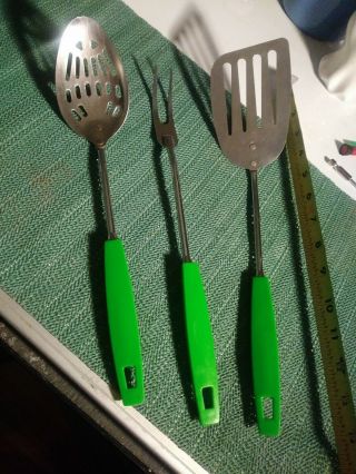Vintage Ekco Chrome Chromium Plated Utensils: Spoon,  Fork,  Turner Green Usa