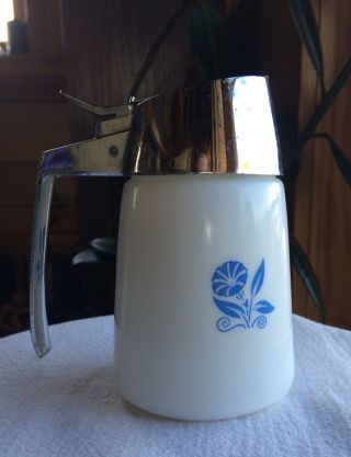 Vintage 1960s Dispensers Inc.  Milk Glass Syrup Pitcher White W/blue Flowers 4 "