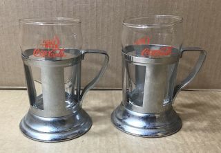 2 Vintage Coca - Cola Flared Glasses With Metal Handle Coke Glass Holders