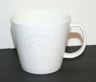 Starbucks White Etched Embossed Mermaid Siren Logo 2015 Mug 12oz.  Euc
