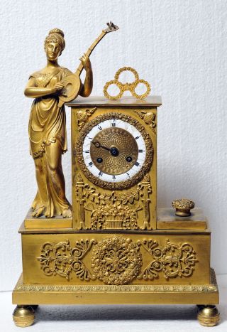 Antique 19th Century French Figural Gilt Bronze Clock : Muse With Mandolin