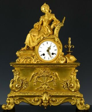 Very Fine Early 19thc French Gold Gilt Bronze Enamel Figural Mantle Table Clock