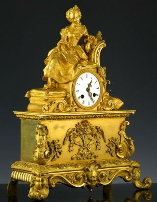VERY FINE EARLY 19THC FRENCH GOLD GILT BRONZE ENAMEL FIGURAL MANTLE TABLE CLOCK 2
