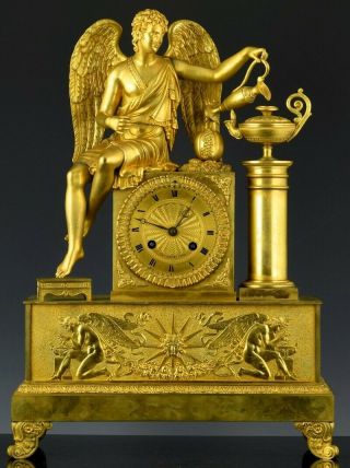 C1820 French Empire Ormolu Gold Bronze Winged Figure Mantle Table Clock