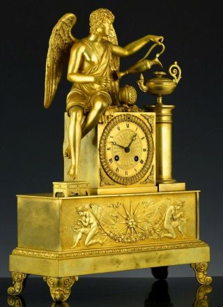 c1820 FRENCH EMPIRE ORMOLU GOLD BRONZE WINGED FIGURE MANTLE TABLE CLOCK 2