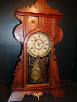 Antique Mantel Clock - Oak,  22 " Height,  W/ Alarm,  Key Wind,  Haven