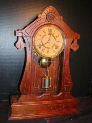 Antique Walnut Mantel Clock -,  Runs,  21 " H,  Pendulum