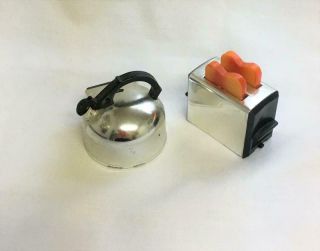 2 Vintage Plastic Refrigerator Magnets Toaster W Toast & Tea Kettle