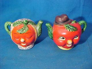 1950s Tomato Teapot Head People Figural Salt,  Pepper Shakers Japan