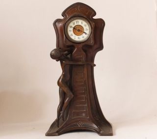 Antique Art Nouveau Bronze Patinated Mantel Clock W/nude C.  1900