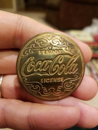 Vintage Rare Coca Cola Brass Vendor License Badge - Pin - 1 3/4 Inch
