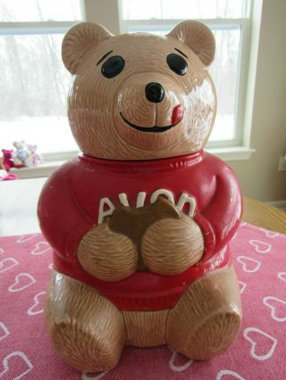 Vintage Avon Teddy Bear Cookie Jar Red Sweater Holding Cookie Ceramic