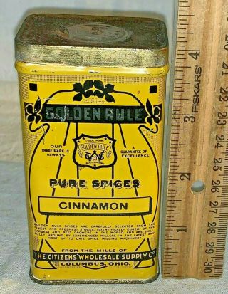 Antique Golden Rule Cinnamon Spice Tin Litho Can Columbus Ohio Grocery Store Old