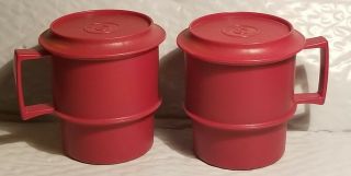 Vintage Tupperware Plastic Red Mugs With Lid/coasters - 2