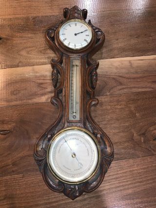 Antique Black Forest Wall Clock With Holosteric Barometer & Thermometer -