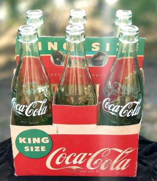 Vintage Coca - Cola 12 Oz Glass Bottles Circa 1955 - 57 In 6 Pk King Size In Carrier