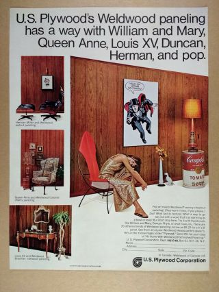 1966 Eames Lounge Chair Pop Art Poster Photo Weldwood Paneling Vintage Print Ad