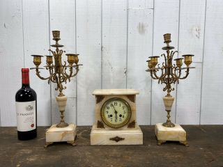 Antique French Marble Clock And Candelabra Set Marked France C1900’s