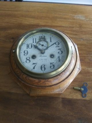 Antique Ansonia Oak Wood Octogon 8 Day Wall Clock With Lever Movement