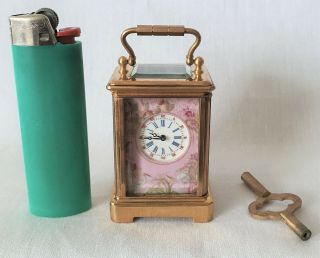 Miniature Carriage Clock Porcelain Glass Brass Key Wind Brass
