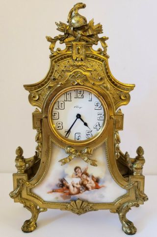 Antique French Victorian Brass Mantel Clock With Hand Painted Porcelain Cherurbs