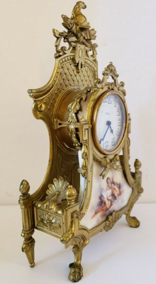 Antique French Victorian Brass Mantel Clock with Hand Painted Porcelain Cherurbs 2
