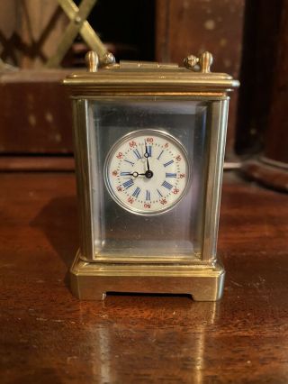 Gilt Miniature Carriage Clock With Silver Face & Enamel Dial Bevelled Glass