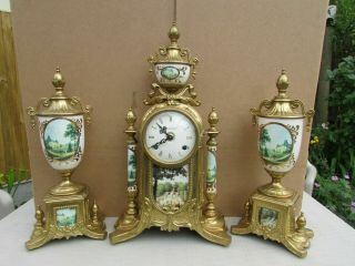 Rare Antique Vintage Franz Hermle Imperial Ormolu Sevres Clock With Garnitures