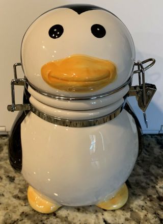 Boston Warehouse Ceramic Penguin Hinged Canister Treat Snack Holiday Jar