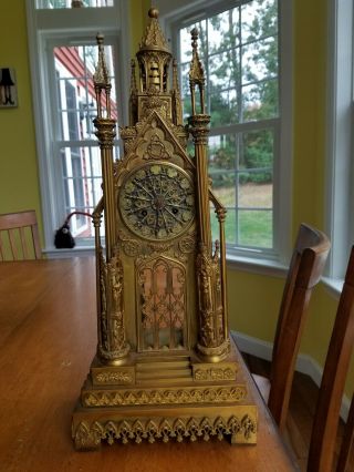 French Gilt Bronze Cathedral Clock Gothic Empire Silk Thread Movement Steeple