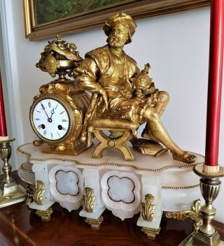 19th Century French Gilt And White Stone Figural Mantel Clock.