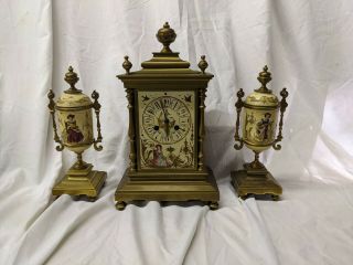 19th Century French Glitz Bronze And Porcelain Mantle Clock And Garniture