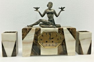 Antique French Art Deco Marble 3 Piece Mantel Clock Set