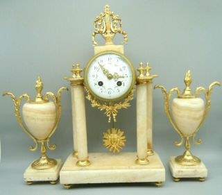 Antique French Portico Clock Ormolu & Onyx Garniture 8 Day Bell Striking