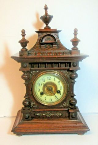 Antique Hac Hamburg Germany Mantel Clock Black Forest Carved Walnut 14 Day T & S