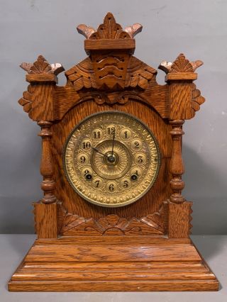 19thc Antique Victorian Era Ansonia Old Oak Wood & Brass Fireplace Mantel Clock