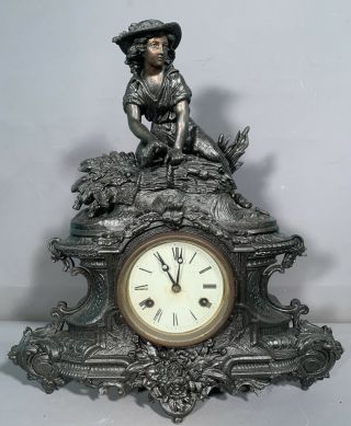 19thc Antique Victorian Old Farm Boy Statue Figural French Style Mantel Clock