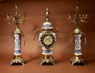 An Impressive Blue And White “dutch Delft” And Brass Art Nouveau Clock Garnitur