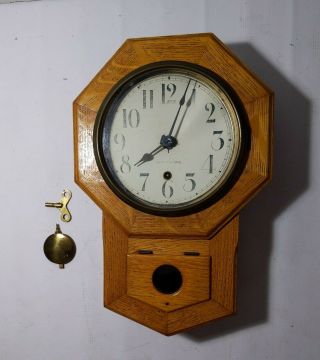 For Repair: Vintage/antique Seth Thomas Octagon Schoolhouse Wall Clock Wood Key