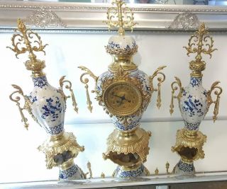 Antique 19th C French Gilt Brass & Porcelain 8 Day Mantle Clock Garniture Set