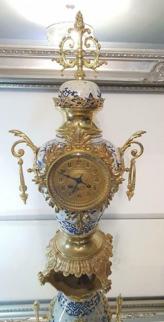 Antique 19th c French Gilt Brass & Porcelain 8 Day Mantle Clock Garniture Set 2