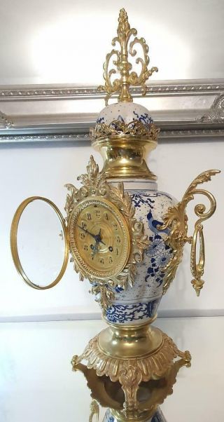 Antique 19th c French Gilt Brass & Porcelain 8 Day Mantle Clock Garniture Set 3
