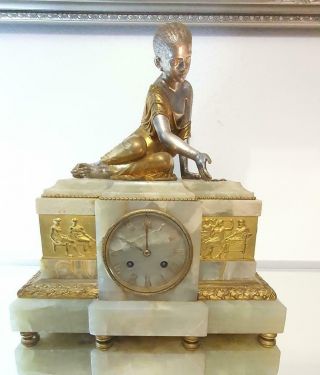 Quality French Antique Figurative Mantle Clock Marble & Bronze 8 Day Striking