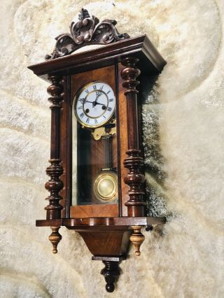Antique Germany Junghans Keywound Wall Striking Vienna Clock,  Walnut & Pendulum