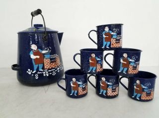 Blue Speckled Painted Enamelware 9 " Cowboy Camping Coffee Pot W/ 6 Cups
